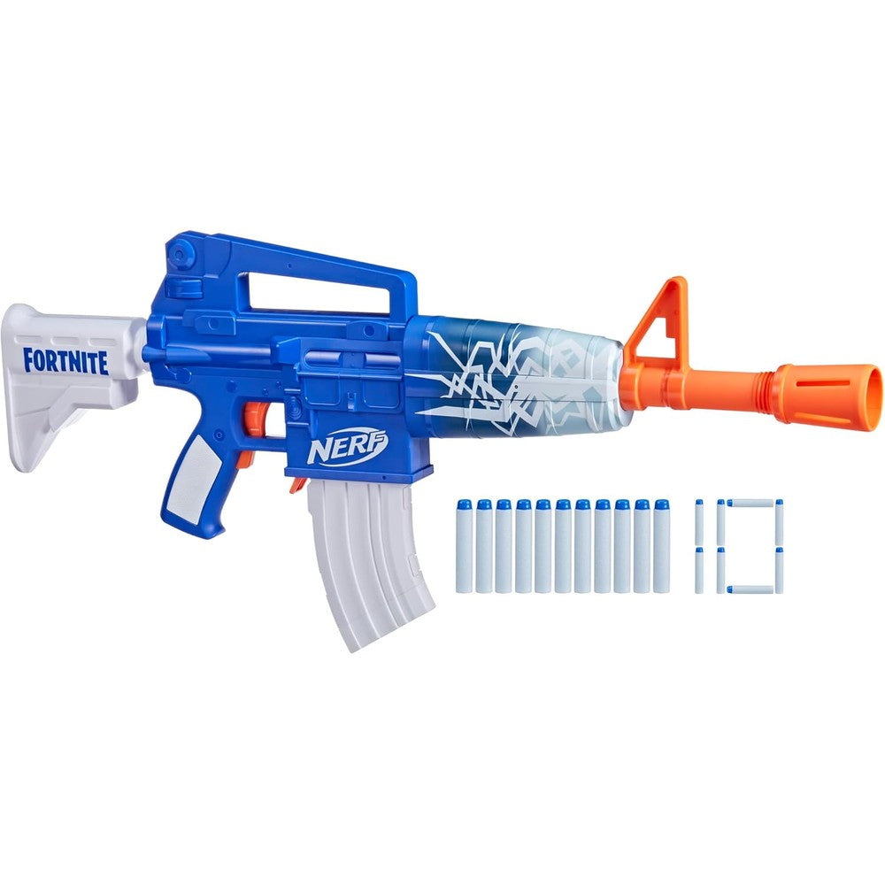 Nerf Fortnite Blue Shock Blaster front view showing the vibrant blue and white game wrap design.