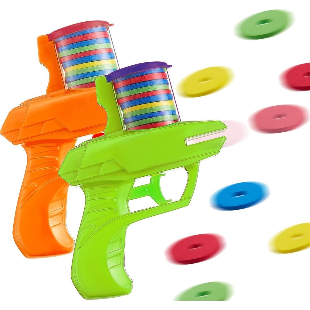 Sumind foam disc shooter front view showing orange and green blasters with foam discs.