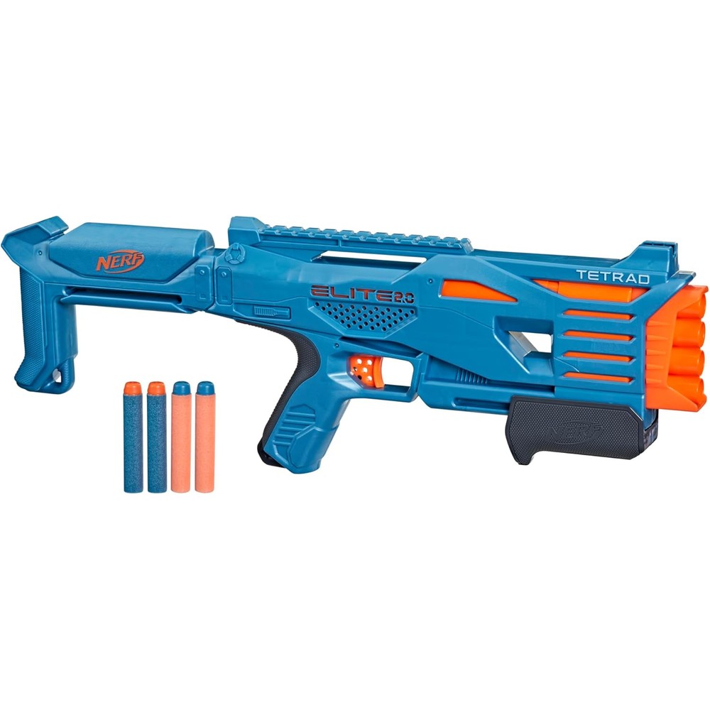 Nerf Elite Two Point Zero Tetrad QS Four Blaster showcasing the front loading four barrel structure