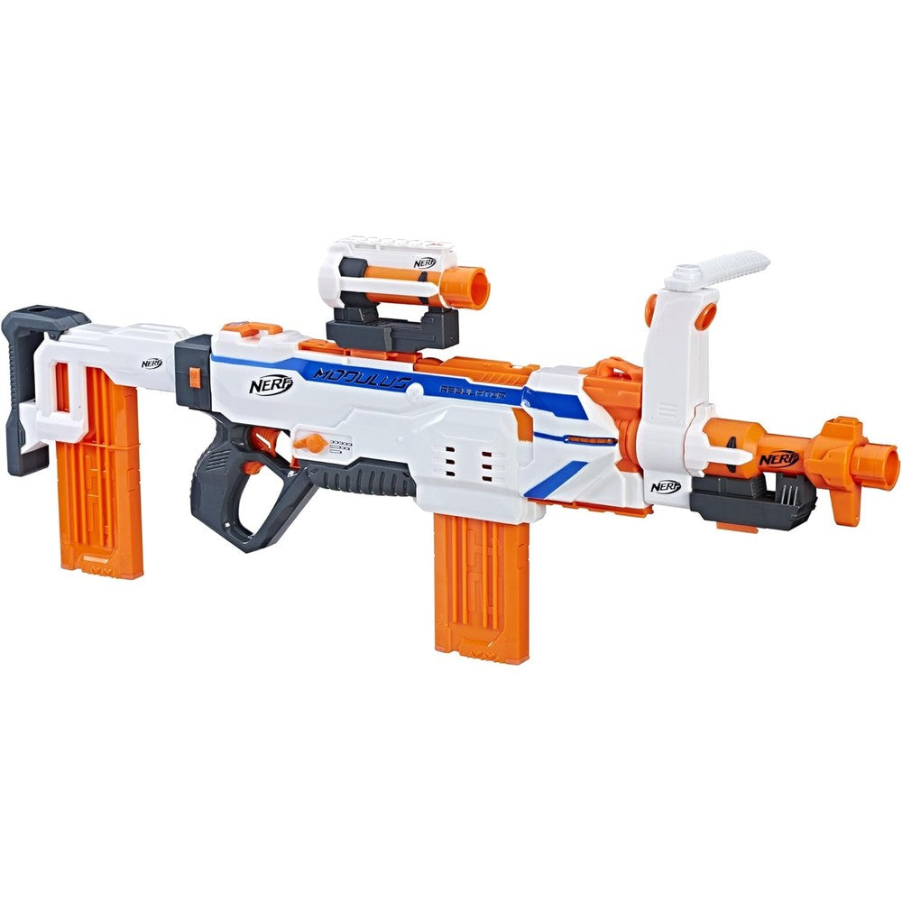Nerf Modulus Regulator fully motorized blaster showing front view with attachments