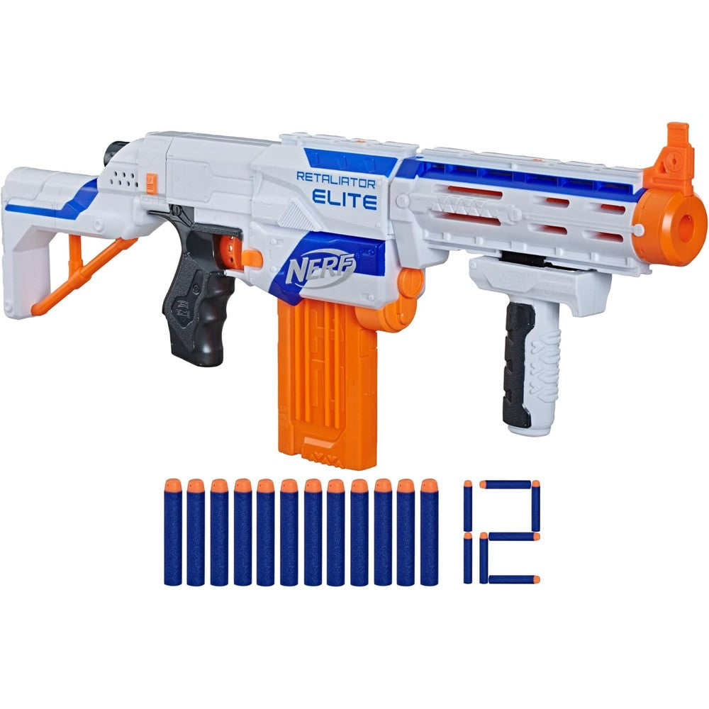 Nerf N Strike Elite Retaliator Blaster fully assembled with stock grip and barrel extension front view