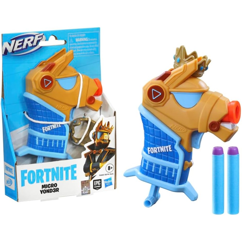 Nerf Fortnite Micro Y0nd3r mini dart firing blaster front view showing character outfit design