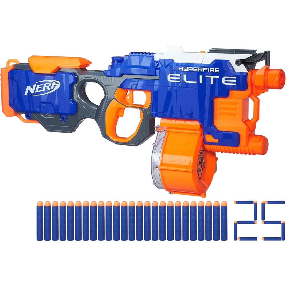 Nerf HyperFire Motorized Elite Blaster front view showing blue and orange design