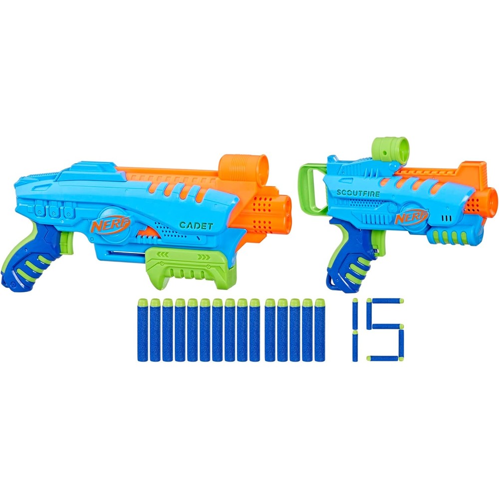 Nerf Elite Junior Ultimate Starter Set front view showcasing two blue and green easy play toy foam blasters with fifteen darts.