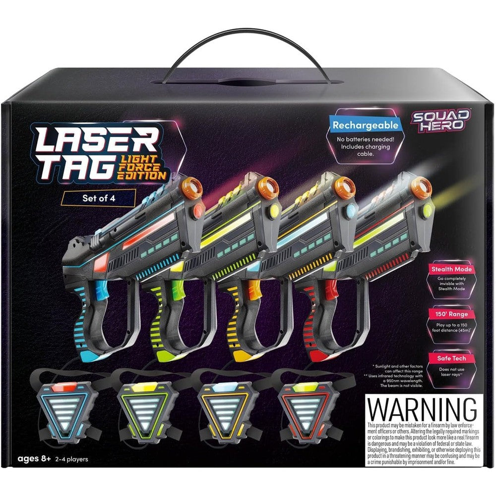 Squad Hero Rechargeable Laser Tag four player set front view with glowing LED blasters