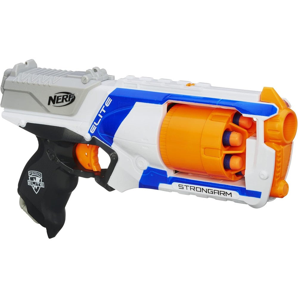 Nerf N Strike Elite Strongarm toy blaster front view showing the blue and white rotating barrel mechanism