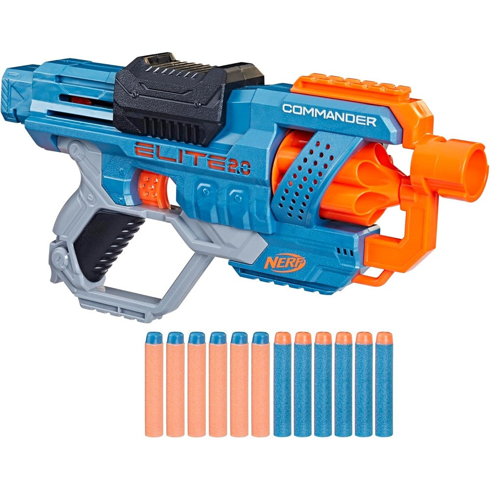 Nerf Elite 2.0 Commander RD-6 dart blaster front view showing blue and orange tactical design.
