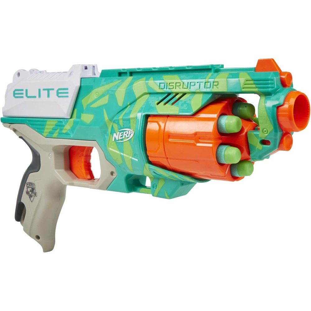 NERF Elite Disruptor Dynamic Green dart blaster front view showing the six-dart rotating drum
