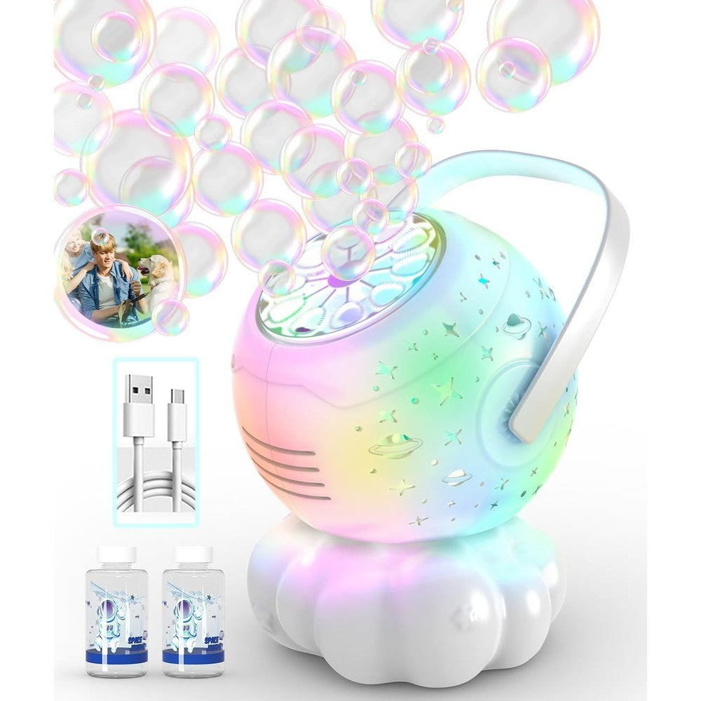 Frequent Bubbles rechargeable bubble machine front view with LED lights glowing.