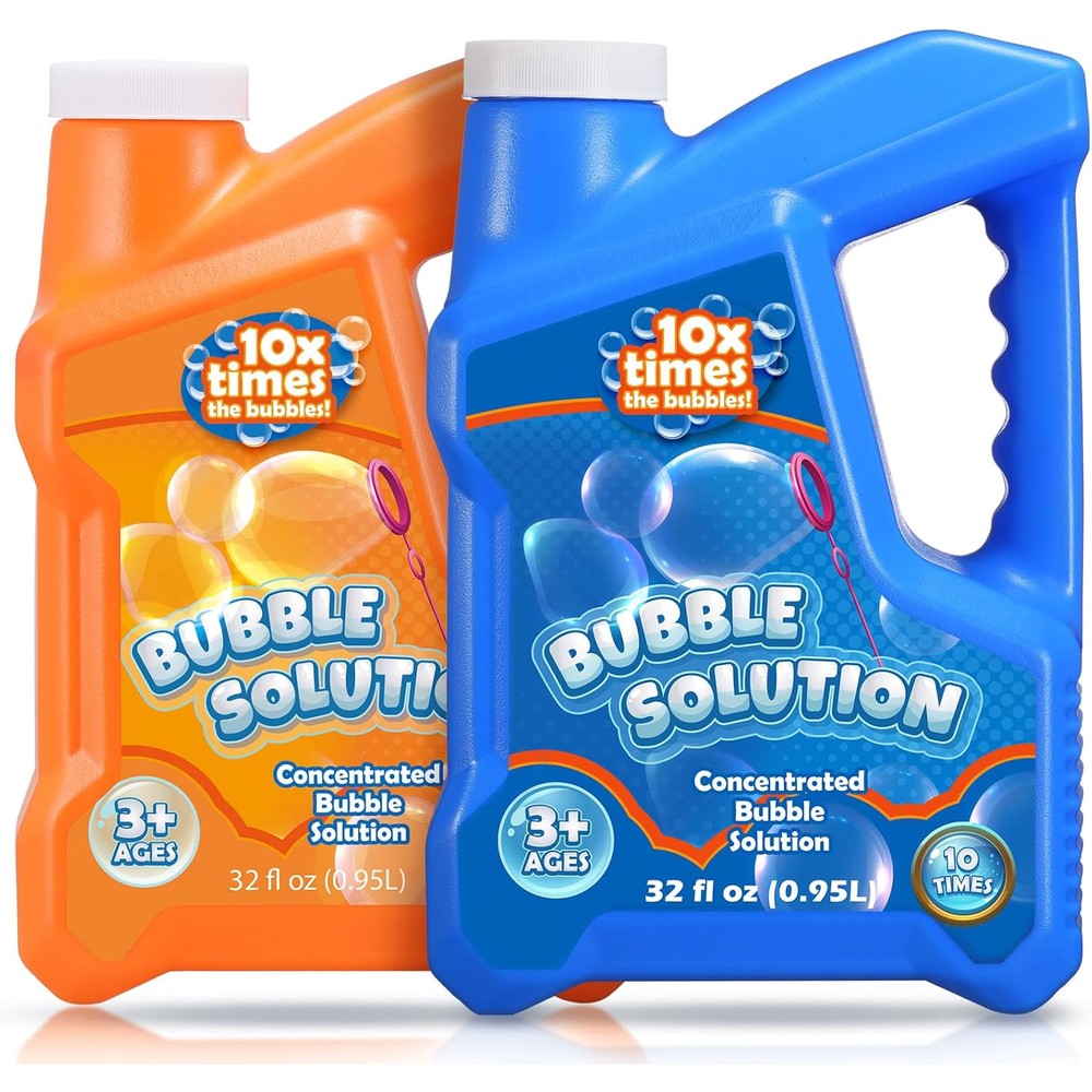 SUGFUT 2 Bottles Bubble Solution Refills front view of packaging showcasing two clear bottles filled with concentrated bubble liquid