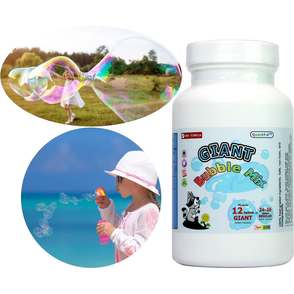 QuarkPod Giant Bubble Mix front view bottle of concentrated powder solution for kids outdoor play