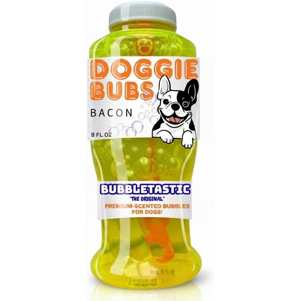 Bubbletastic Bubbles for Dogs Bacon Scented 8 Ounce bottle front view showing French Bulldog icon