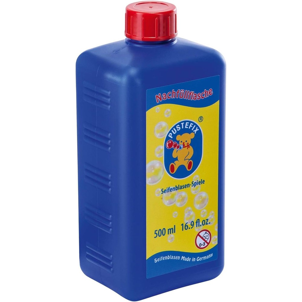 Pustefix Midi liquid bubble solution refill bottle front view featuring iconic yellow and blue cartoon bear branding
