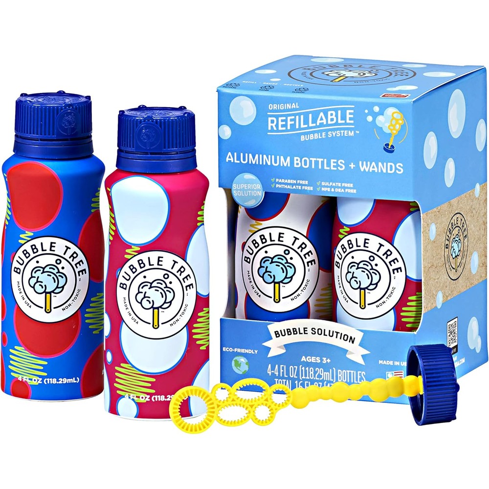 Bubble Tree Original Refillable Bubble System front view of four aluminum bottles pack