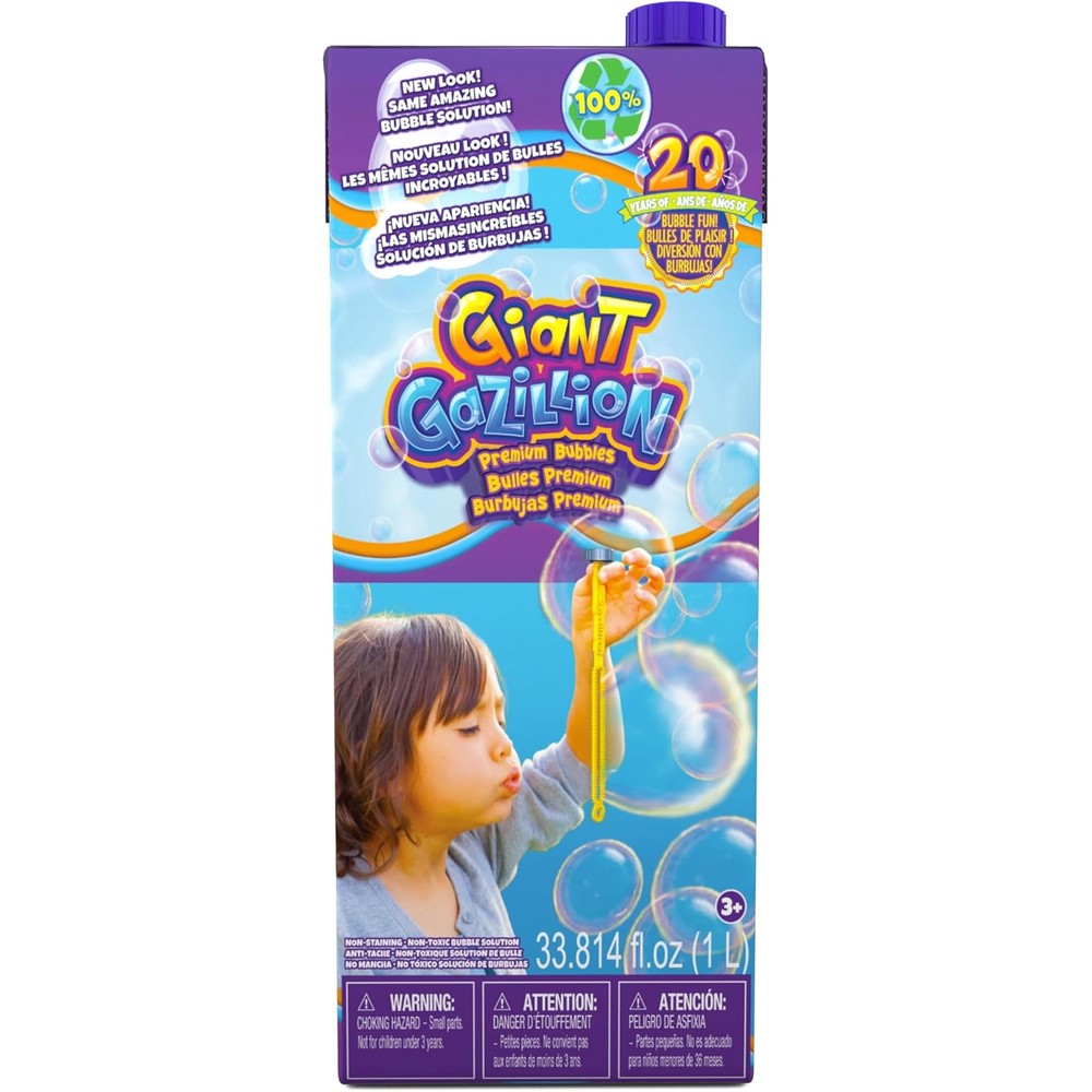 Gazillion Bubbles Giant Bubbles 1 Litre Box front view showing eco-friendly packaging and attached wand