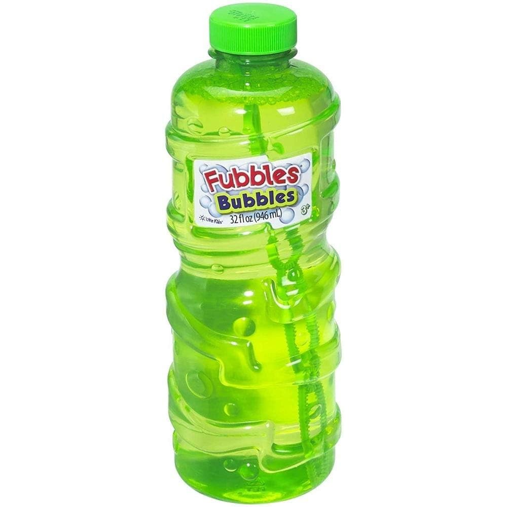 Little Kids Fubbles Premium Bubble Solution front view showing green textured thirty two ounce bottle