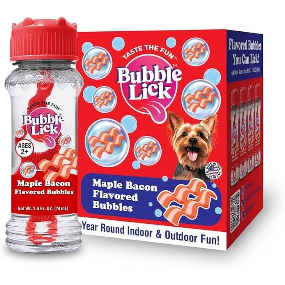 BubbleLick Maple Bacon Flavored Bubbles Four Pack front view authentic imported pet bubble toy solution