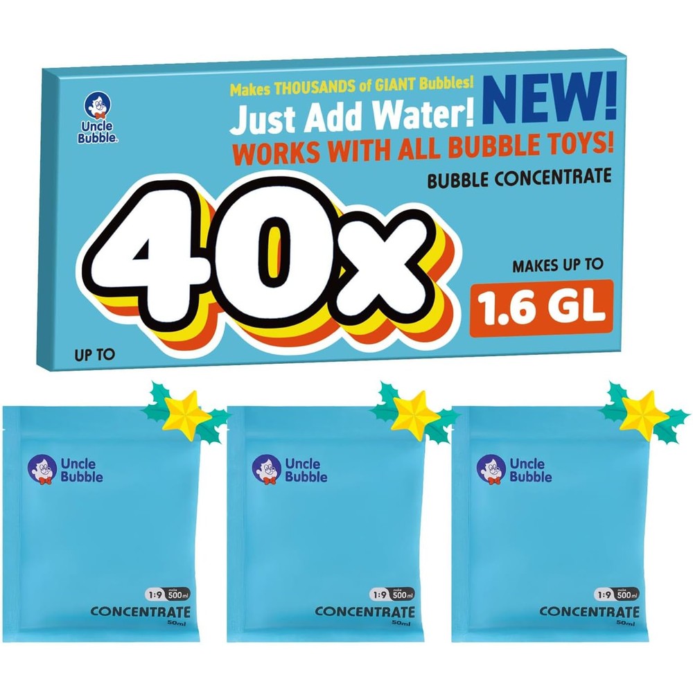 Uncle Bubble Concentrated Bubble Solution front view of product box showing three pouches
