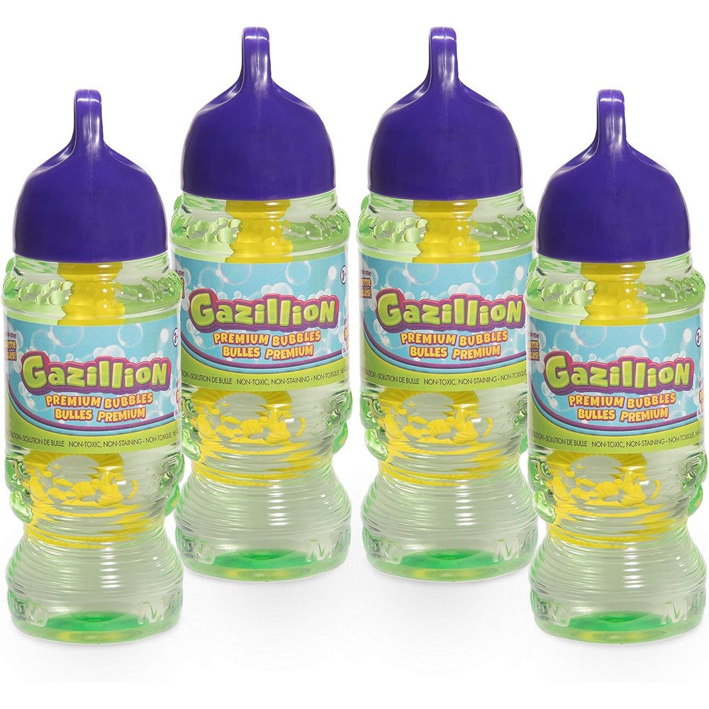 Gazillion Premium Bubbles Solution Ten Ounce Four Pack front view showcasing the vibrant green bottles with built-in multi-bubble wands.