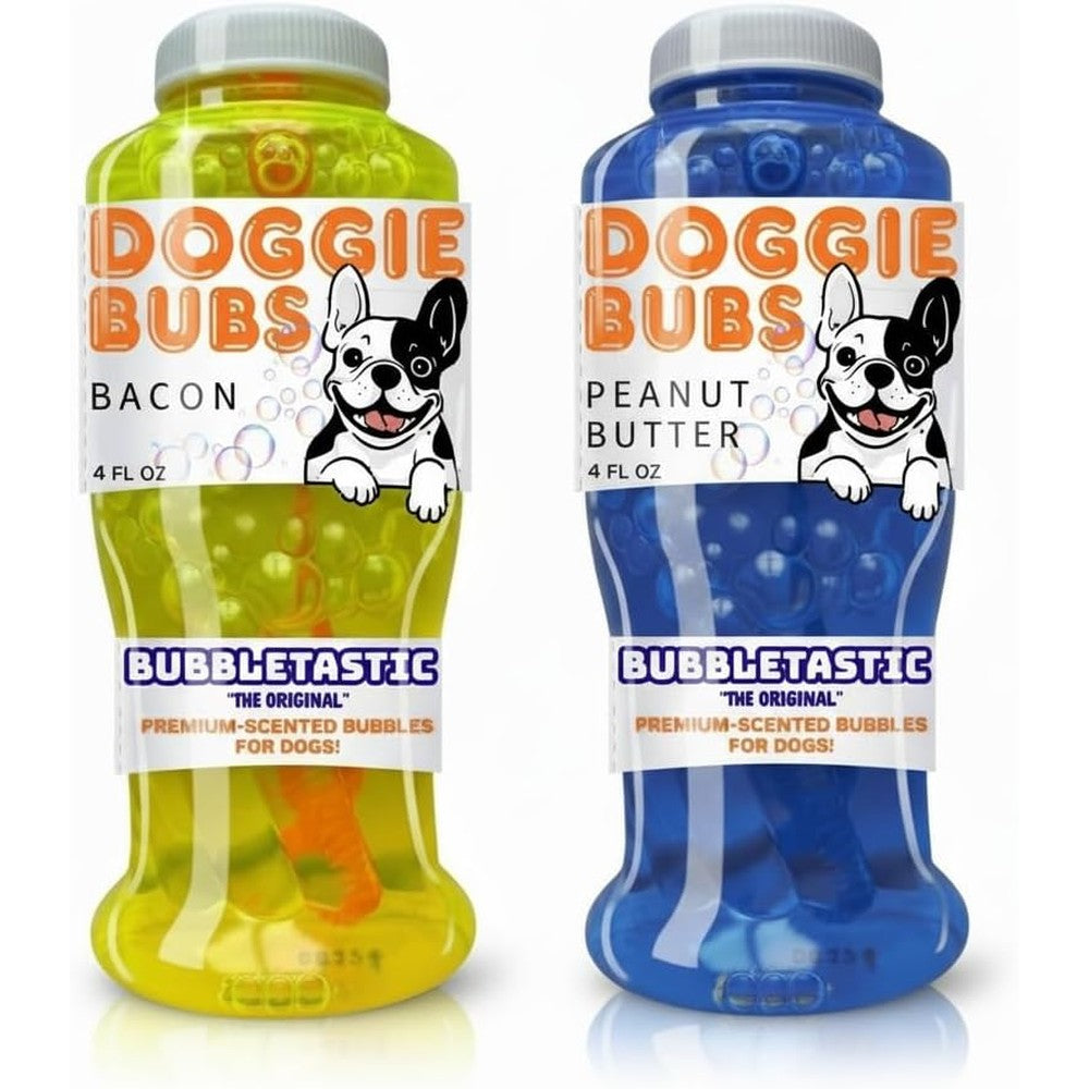 Bubbletastic scented dog bubbles pack front view showing bacon and peanut butter variants.