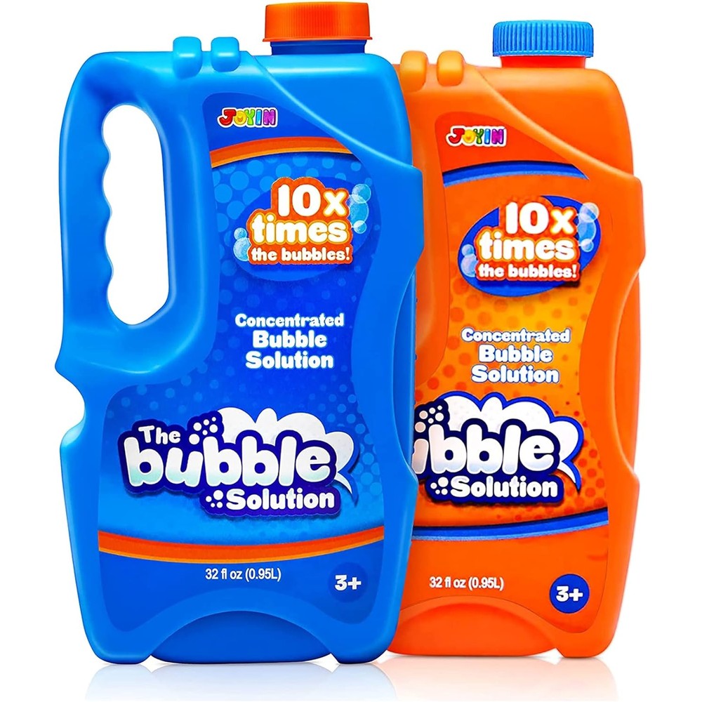 JOYIN Premium Concentrated Bubble Solution Refill Pack front view showing orange and blue bottles.