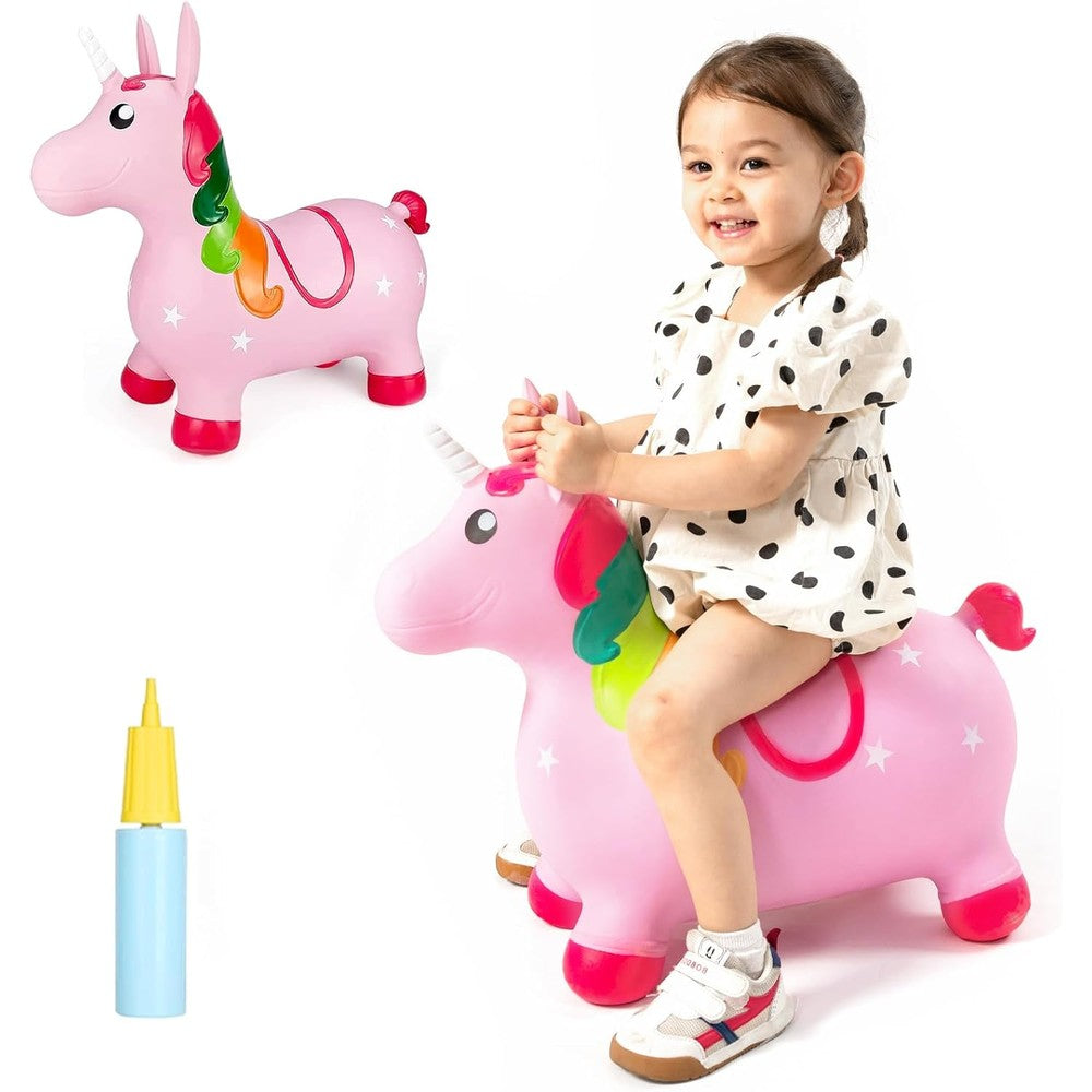 Inpany unicorn bouncy horse hopper front view featuring pink body and white horn