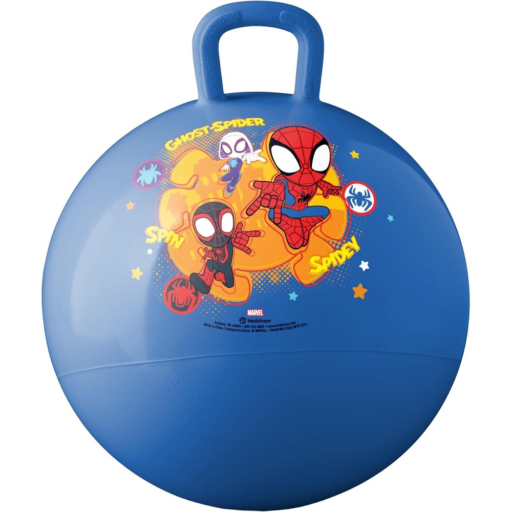 Hedstrom Spidey and His Amazing Friends 15 Inch Hopper front view showing blue vinyl and character graphics