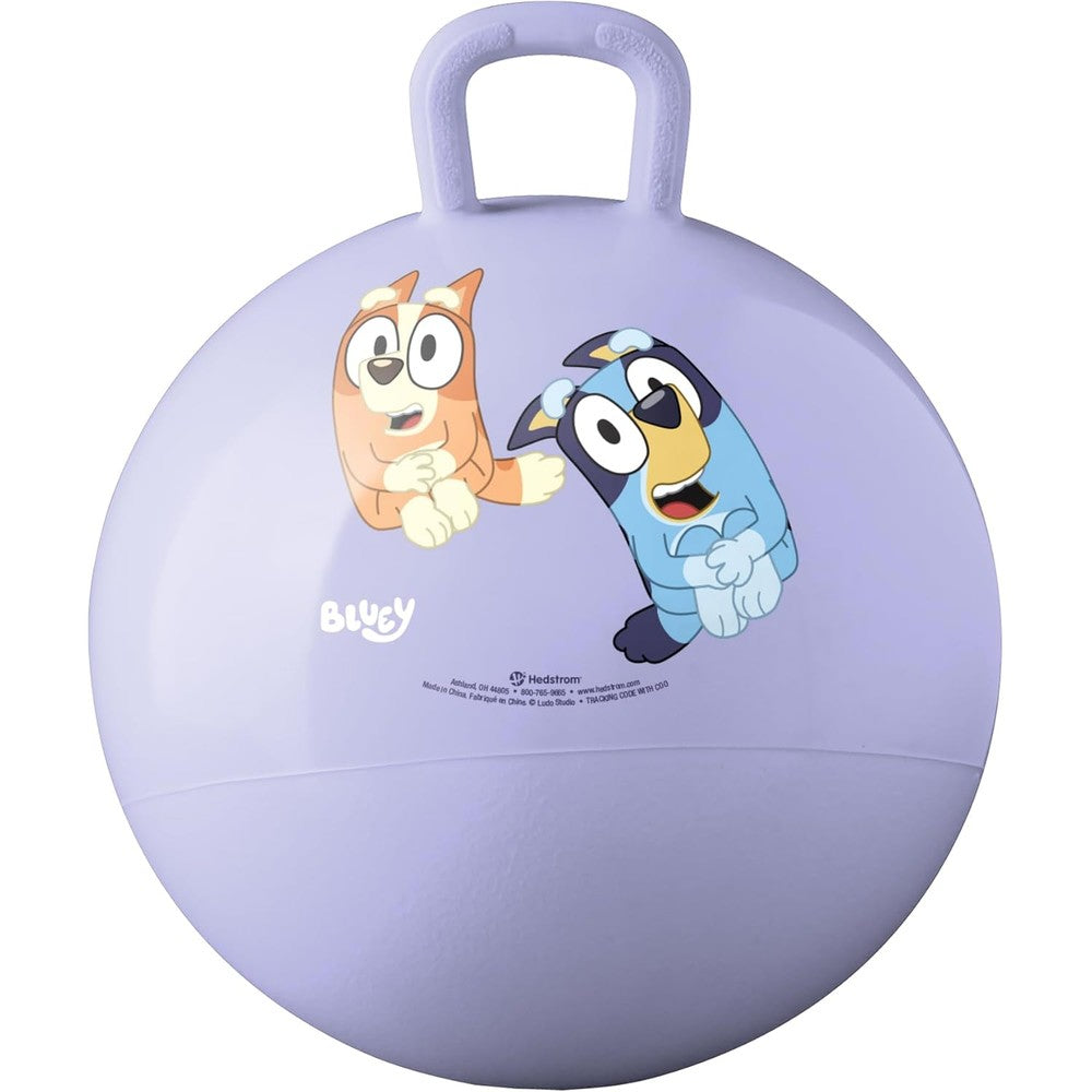 Hedstrom Bluey Hopper Ball front view showing character graphics and handle.