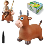 HotMax Bouncy Bull Hopping Toy front view featuring the brown cow design with easy-to-grip horns.