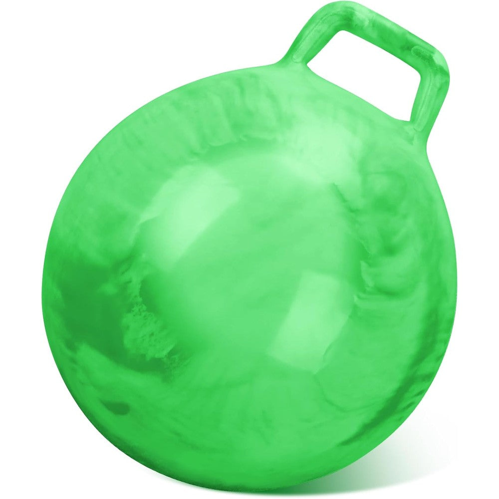 Gemscream Kids Bouncy Hopper Ball front view in marbled green showing ergonomic handle grip.