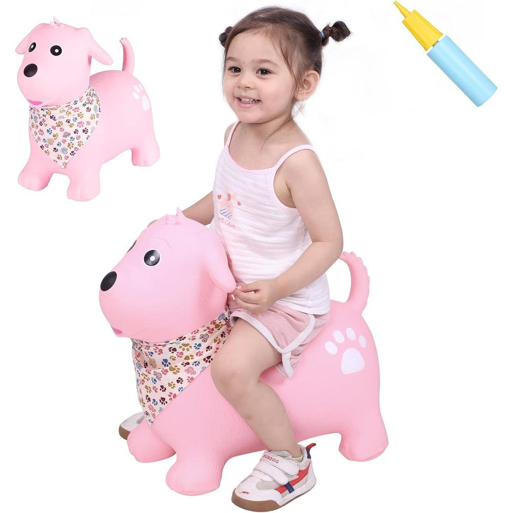 INPANY Bouncy Dog Hopper front view of pink inflatable ride on toy for toddlers