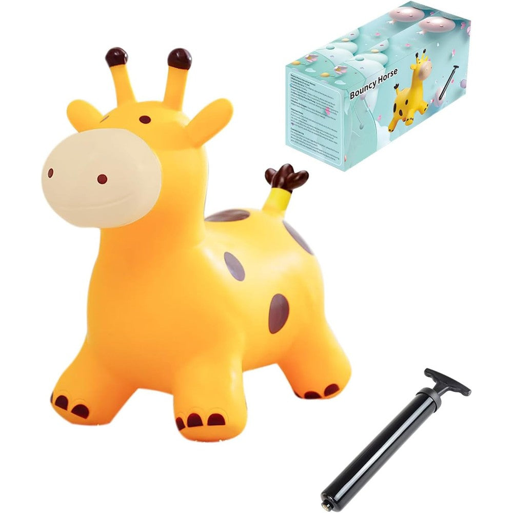 Generic Bouncy Inflatable Giraffe Horse front view showcasing the yellow and brown textured pattern and sturdy ears.
