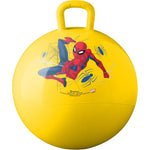 Hedstrom Marvel SpiderMan hopper ball front view showing vibrant yellow inflatable body and superhero graphic print