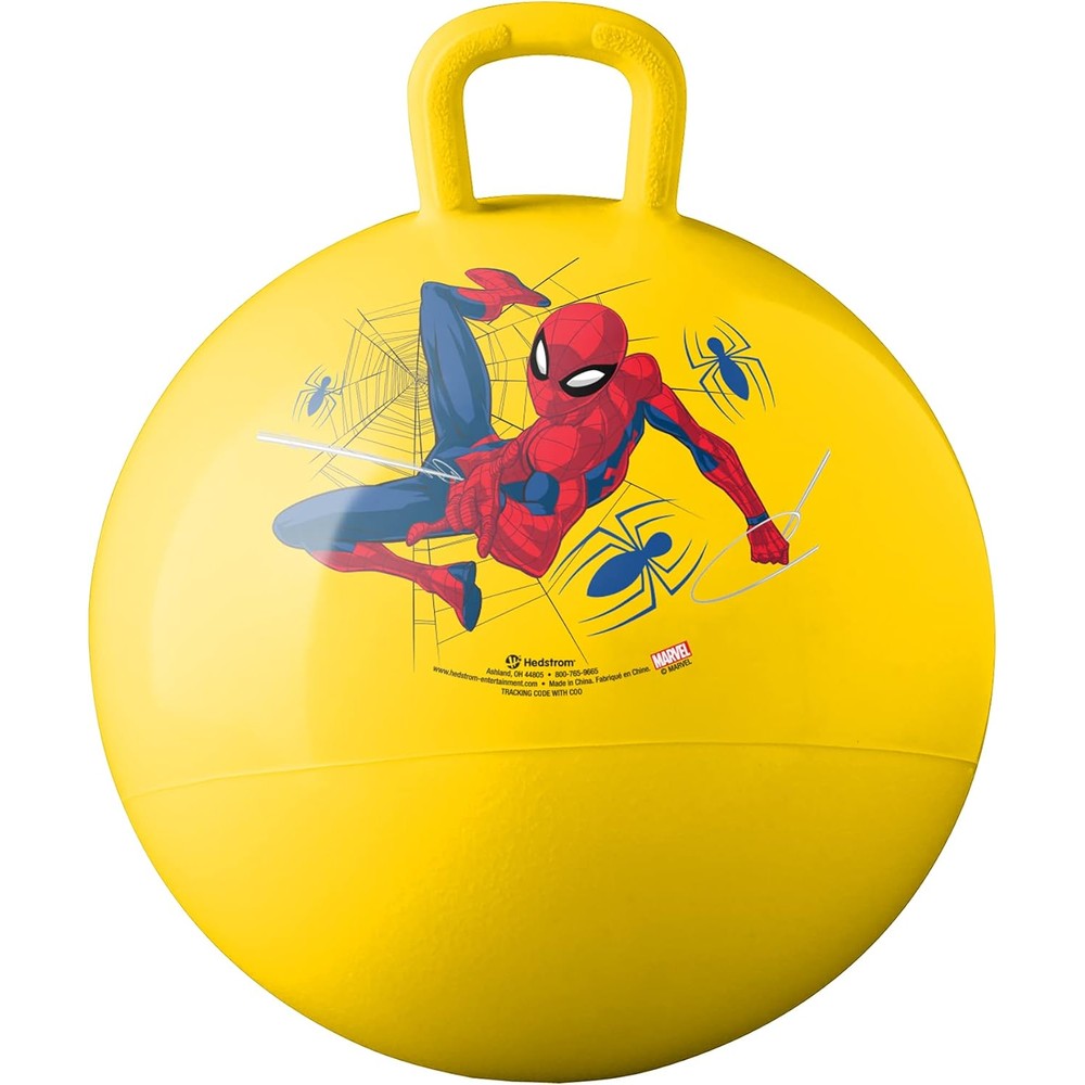 Hedstrom Marvel SpiderMan hopper ball front view showing vibrant yellow inflatable body and superhero graphic print