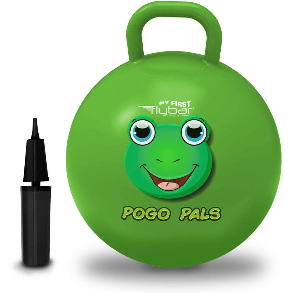 Flybar hopper ball for kids front view showing frog green design and handle