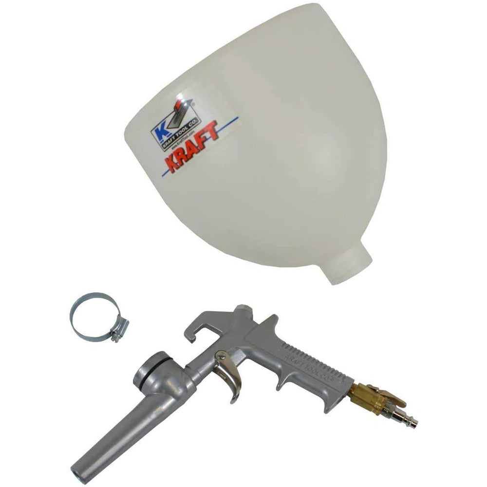 Kraft Tool PC801 Broadcast Gun and Hopper front view showing the complete flake spreader assembly.