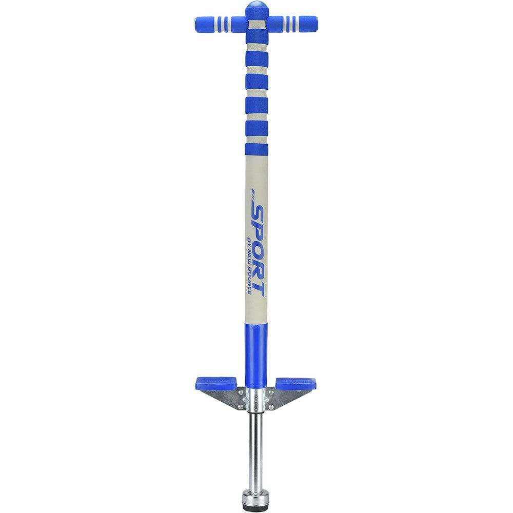New Bounce kids sport pogo stick front view showing blue and grey foam frame