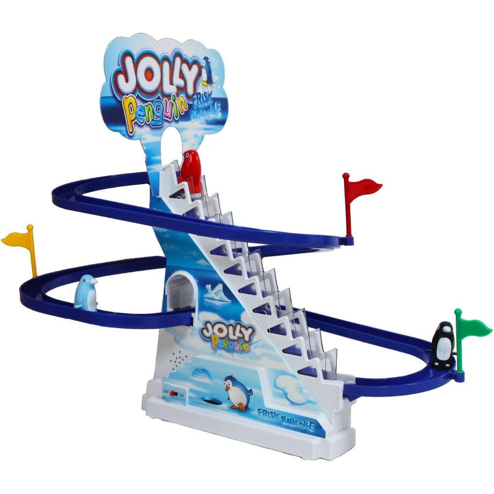 PowerTRC 13 Inch Jolly Penguin Race Toy Set front view showing the automated escalator staircase and blue sliding track tracks