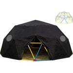 XINGCEN ten foot climbing dome cover front view displaying the waterproof black fabric canopy draped over an outdoor playground jungle gym.