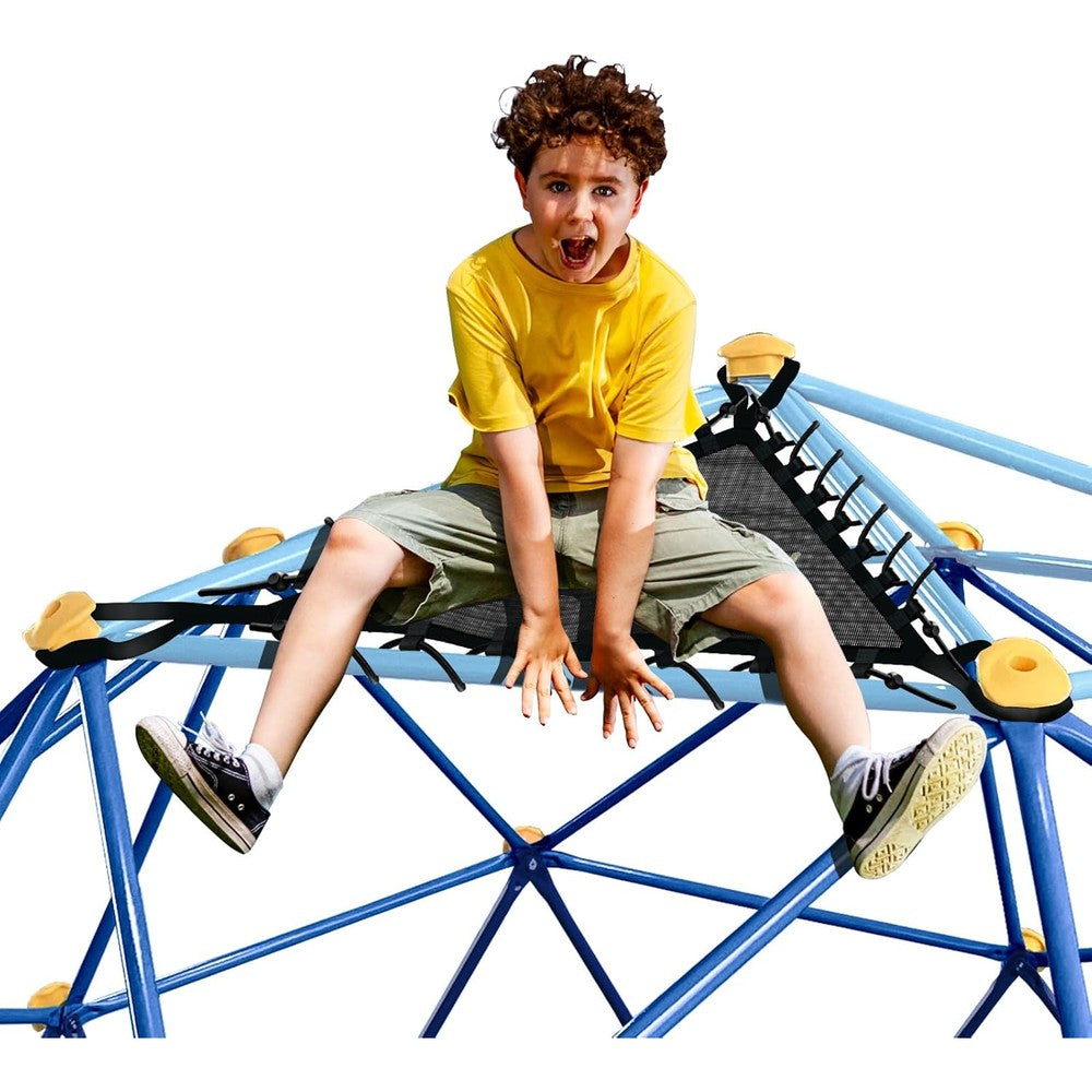 JYGOPLA bungee net chair front view inside a backyard playground geometric climbing dome.