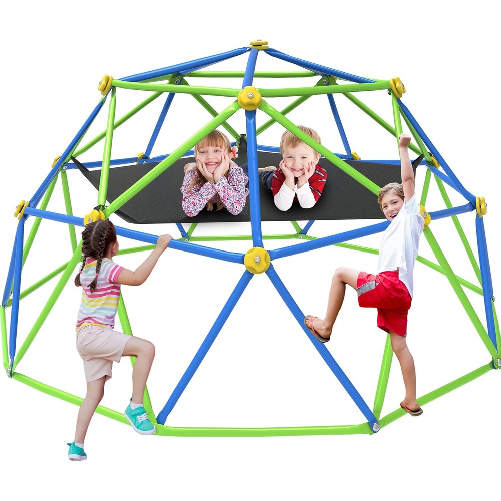 GVDV 10 Feet Climbing Dome front view showing blue and green geometric metal frame with central hammock setup in a backyard