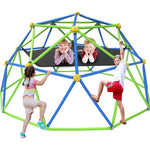 GVDV 10 Feet Climbing Dome front view showing blue and green geometric metal frame with central hammock setup in a backyard