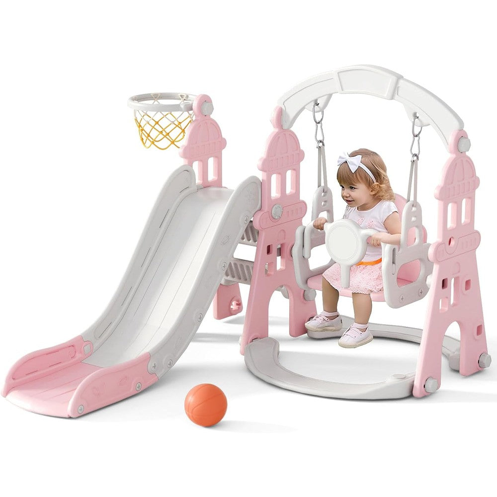 Korimefa 4-in-1 kids slide and swing set front view in pink