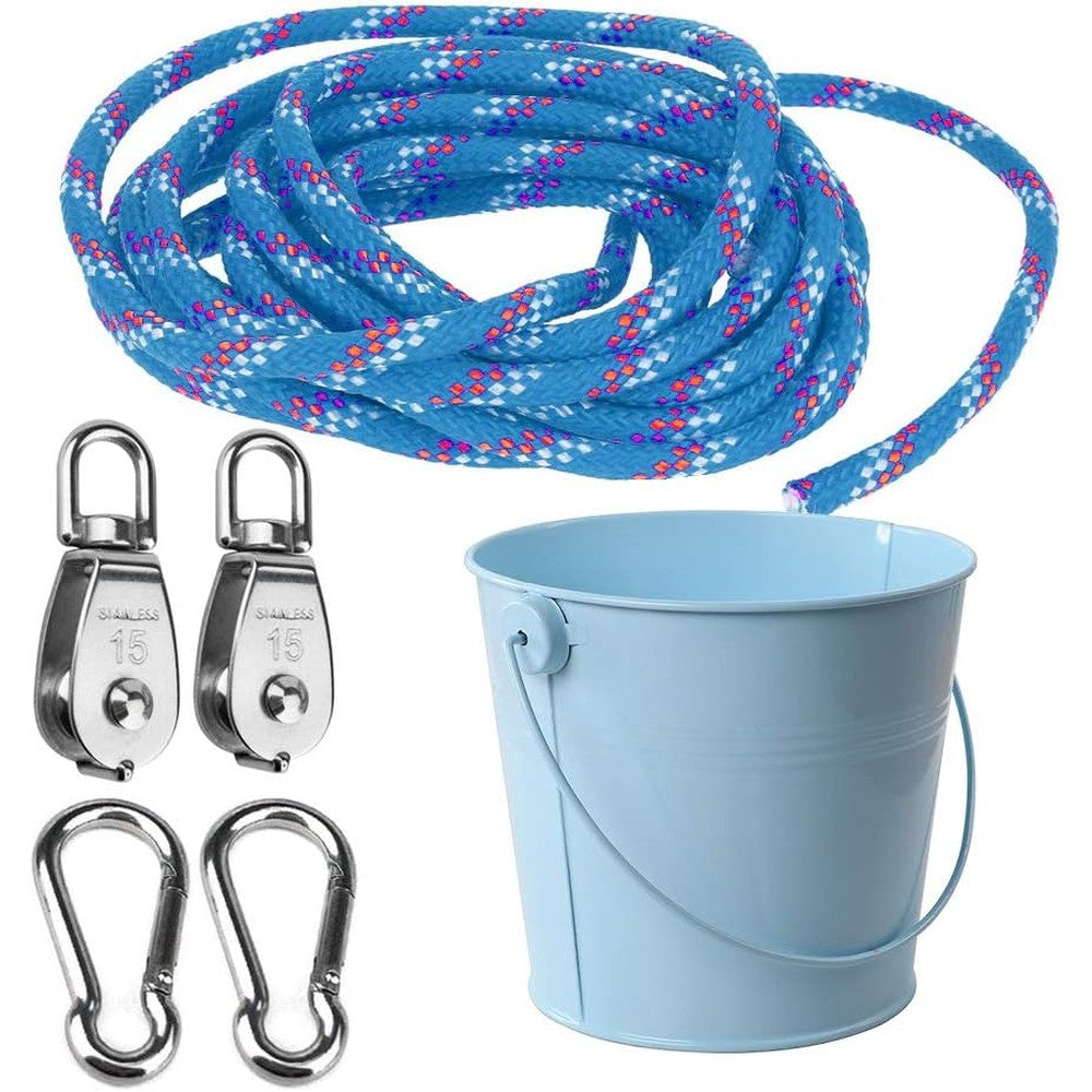 FUQUN children treehouse pulley system front view featuring a blue metal bucket and rope.