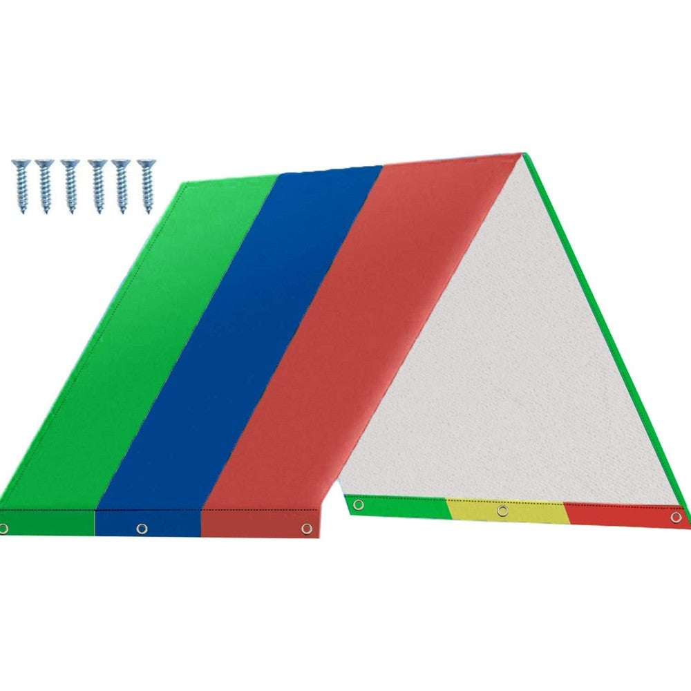 Alpurple swing set replacement tarp front view featuring green blue red colorful stripes over a wooden playground.