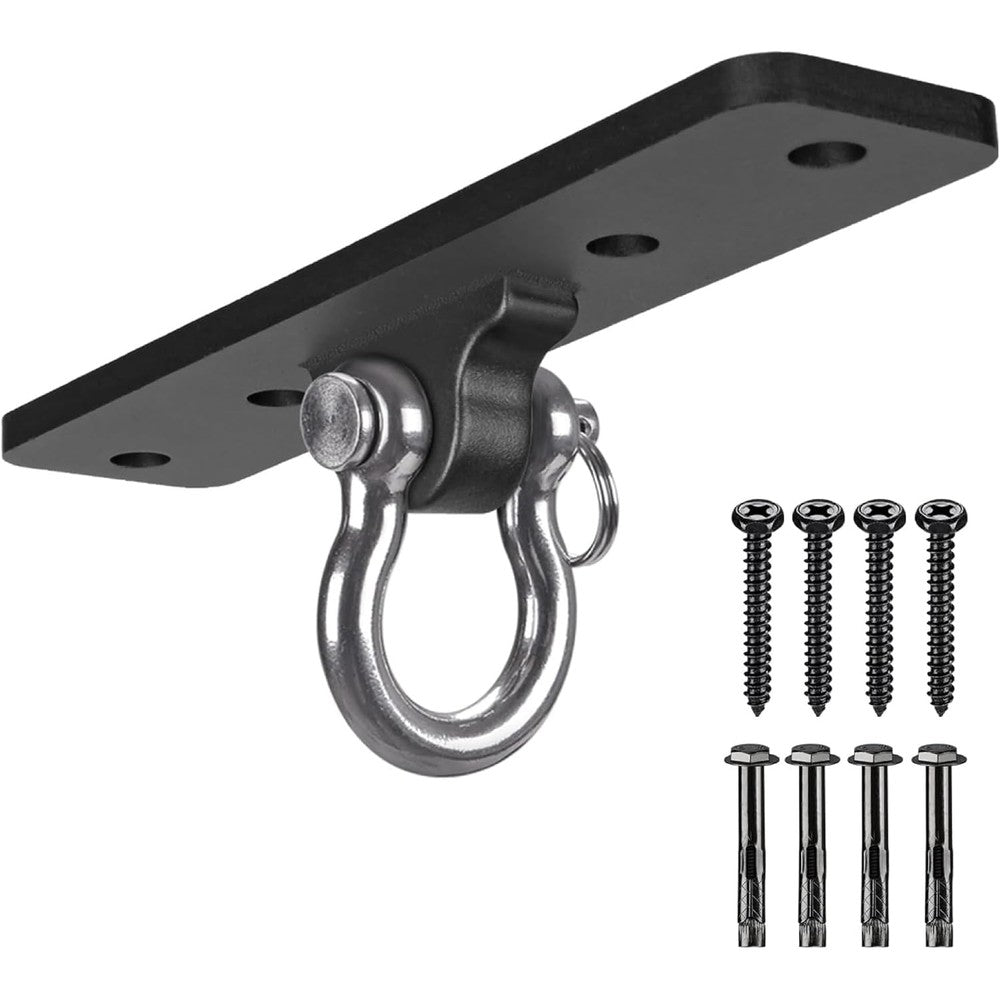 Dolibest heavy duty ceiling mount swing hanger front view showing four hole metal base and carabiner.