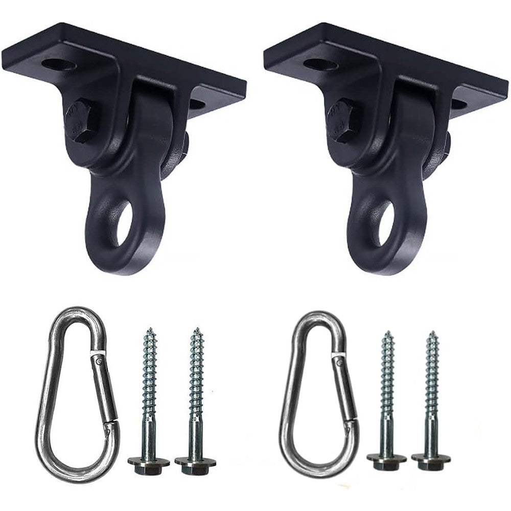 ABUSA heavy duty black swing hangers front view installed on a wooden playground beam