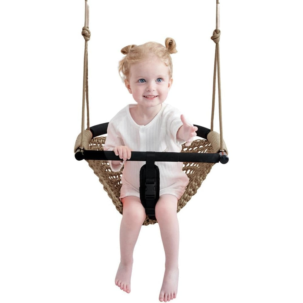 ROPECUBE 2 in 1 toddler swing in light brown front view highlighting the hand-woven ergonomic mesh seat