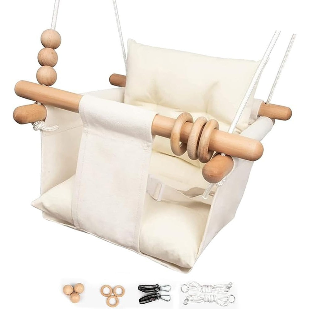 Tislly baby swing cream canvas front view hanging indoors