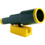 Squirrel Products Pirate Telescope front view mounted on a backyard wooden swing set beam.